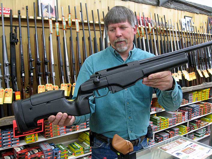A modern .338 Lapua Magnum at the Capital Sports gun counter.
